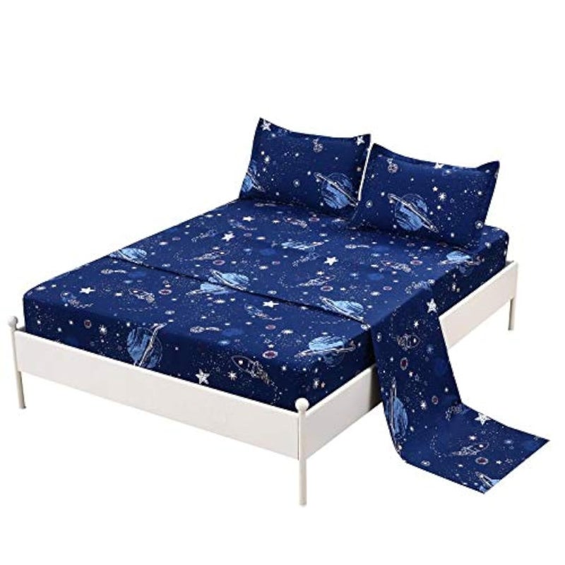 MAG 4 Pcs Bedding Set Space Galaxy Sheets,Planets Stars Queen Sheet Set for Kids Teens Boys Girls and Space-Lovers,Super Soft Microfiber,with 1 Fitted Sheet 14''Deep Pocket +1 Flat Sheet+2 Pillowcase.